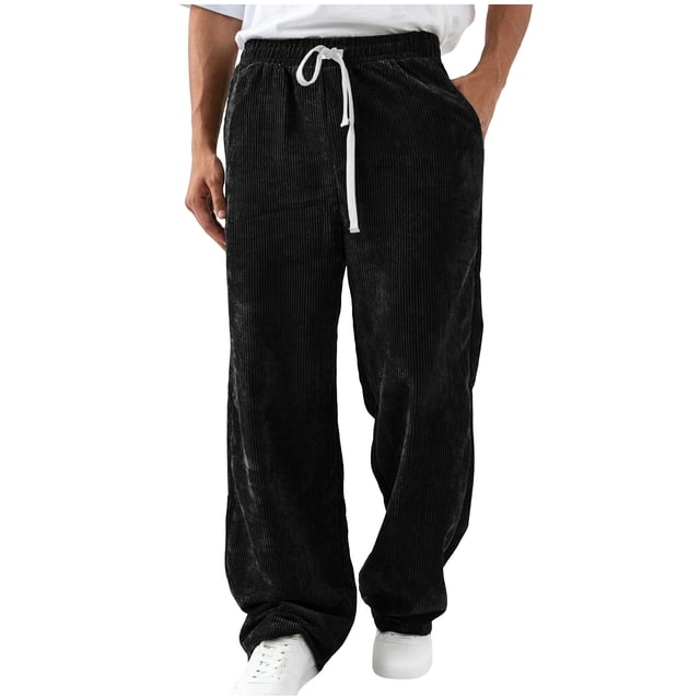 Ceisia Men Solid Color Corduroy Straight Leg Pants Elastic Waist Drawstring Gift Casual Trousers