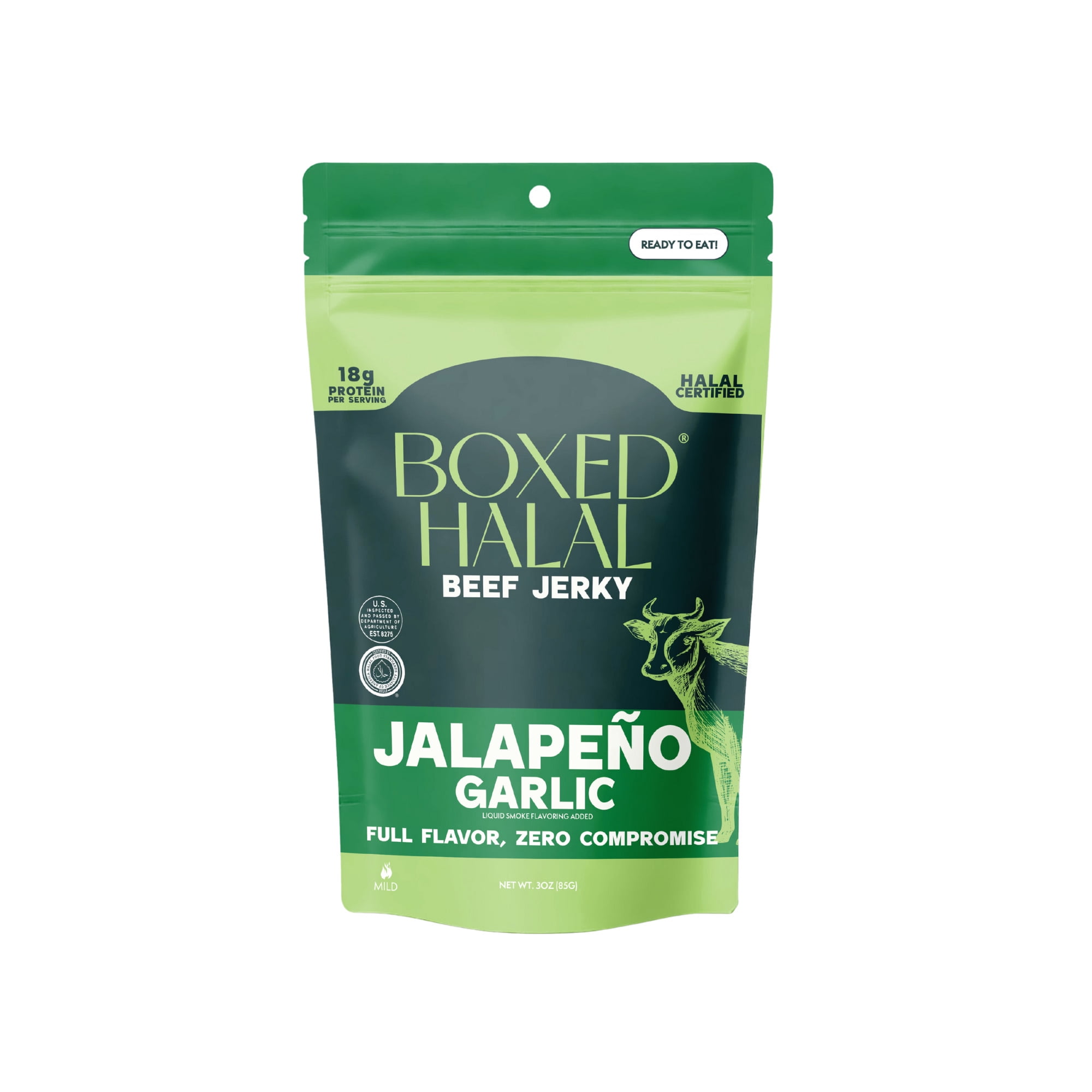 BOXED HALAL Premium 100% Grass-Fed Jalapeño Garlic Beef Jerky Strips, 13g Protein, HFSAA Certified Halal, Keto Friendly Snack, 3 Oz. Bags (3 Pack)