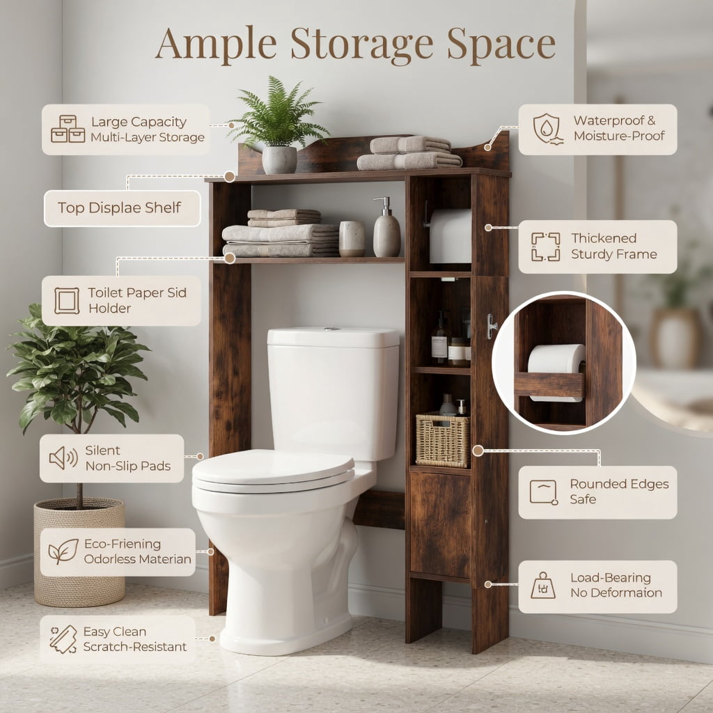 Hommoo Over the Toilet Storage Cabinet with Built-in Toilet Paper Holder, White Engineered Wood Bathroom Organizer for Small Spaces, Rustic Brown