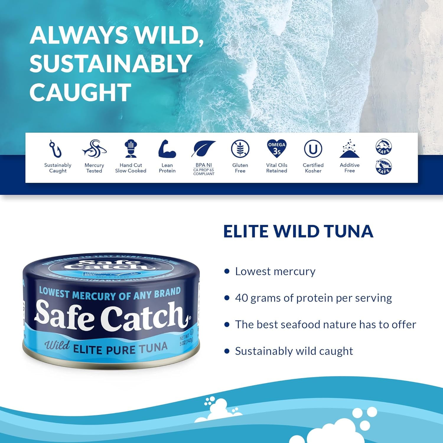 Safe Catch Wild Elite Pure Tuna, 3 Pack, 5 oz Cans – Lowest Mercury Canned Tuna with 40g Protein per Can