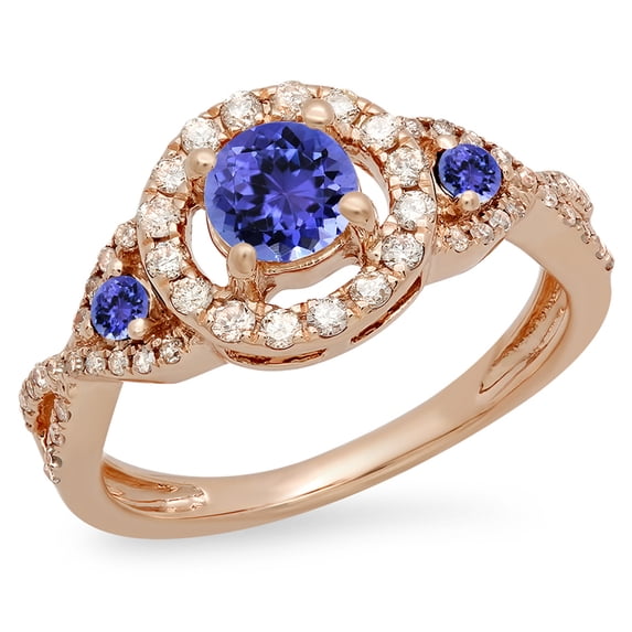 0.90 Carat (ctw) 14K Rose Gold Round Tanzanite & White Diamond Ladies 3 Stone Swirl Halo Vintage Bridal Engagement Ring