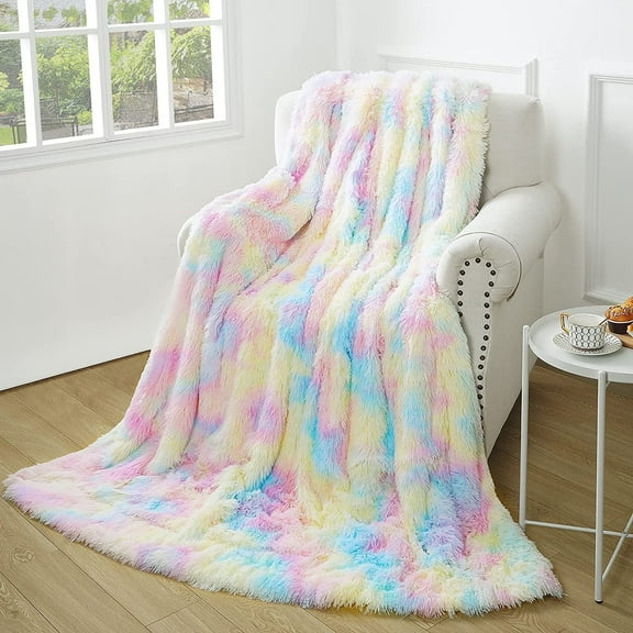 Lochas Plush Fluffy Soft Rainbow Blanket for Couch Bed Sofa Kids Warm Sherpa Fleece Colorful Blankets, 50"x60"