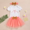 thumbnail image 2 of ZEHJUHAN Baby Girl's Birthday Tutu Set: Letter Print Short Sleeve Romper + Fluffy Skirt + Headband + Leggings, 4-Piece Outfit Pink2，12-18M, 2 of 8