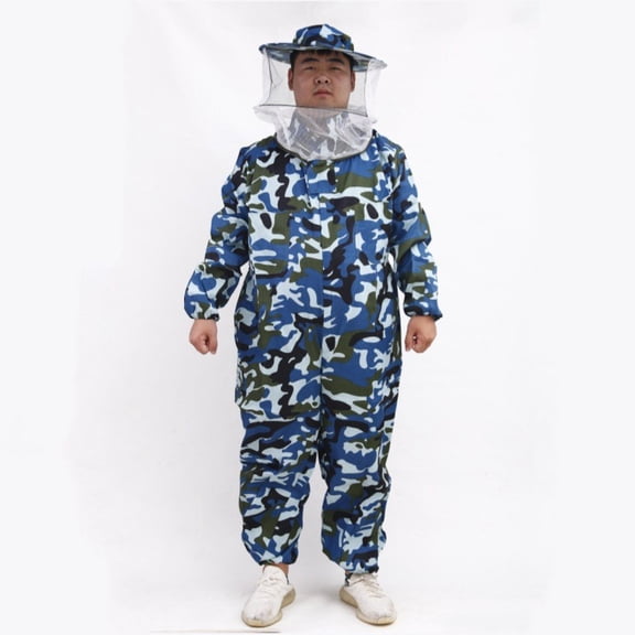 Professional Bee Suit with Round Hood Veil- Thick Cotton Bee Suit Sting-Less Protection Pro Beekeeper Suit Bee Keeper Suite Trajes De Apicultura Beekeeping Coverall blue camouflage L