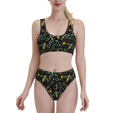 Bixox Wasp and Florals Pattern Two-Piece Sports Bikini with U-Shaped Top and High-Waist Bottom - Women s Swimwear with Removable Bra Pads