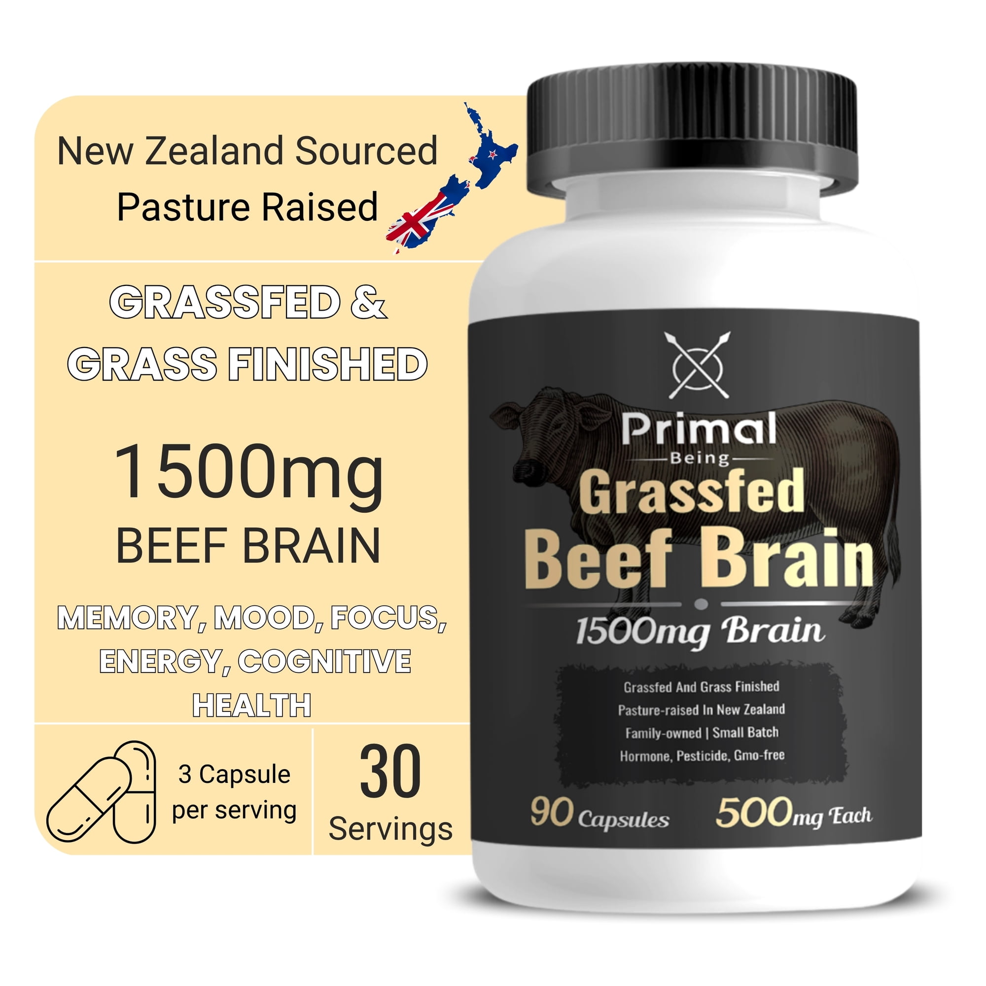 Primal Being Grassfed Beef Brain, Supports Memory, Mood, Focus, Energy, Cognitive Health - 90 Capsules, 1500mg per Serving