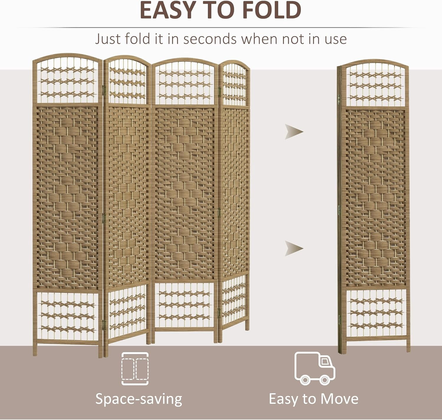 NIUMU 4 Panel Room Divider, Folding Privacy Screen, 5.6' Room Separator, Wave Fiber Freestanding Partition Wall Divider, Natural