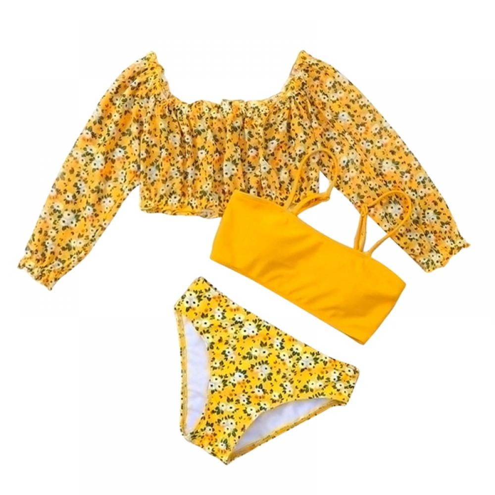 Kids Girls' Swimsuit Training Solid Color Active Ruched Bathing Suits 7-13 Years Summer Yellow main image 1
