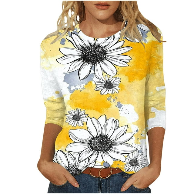 hopeusnice Hauts de Printemps Col Rond Tuniques Manches 3/4 Blouses Coupe Ample pour Femmes Chic Décontracté Motif Floral Chemises Mode d'Automne T-Shirts Légers Basiques Jaune m