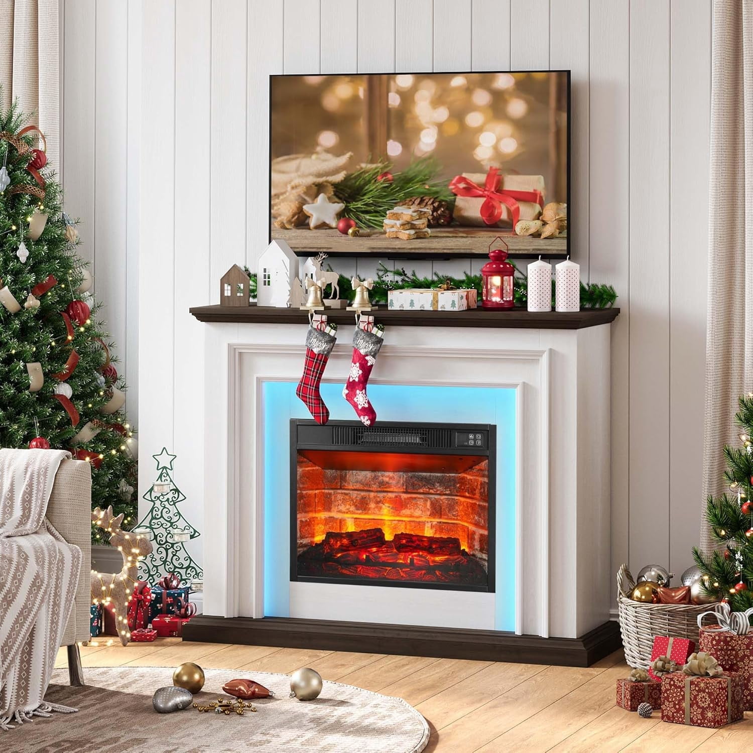 BOSHIRO 44-Inch Freestanding Electric Fireplace Heater with Mantel, Realistic LED Flame, Remote & Touch Control, 1400W, White & Brown
