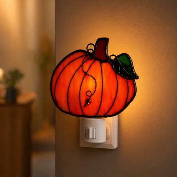 Stained Glass Pumpkin Night Light, Plug In Wall Nightlight, Fall Halloween Pumpkin Decor Lamp for Bedroom, Bathroom, Kitchen, Hallway, Nursery and Seasonal Home Ambiance​