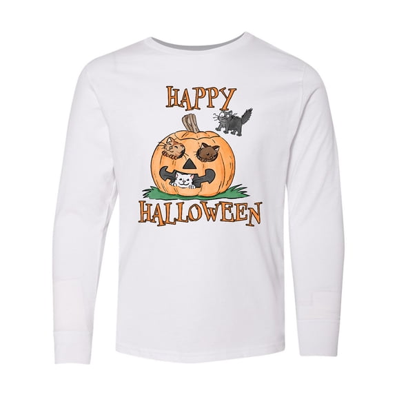 Inktastic Happy Halloween Kittens in a Pumpkin Long Sleeve Youth T-Shirt