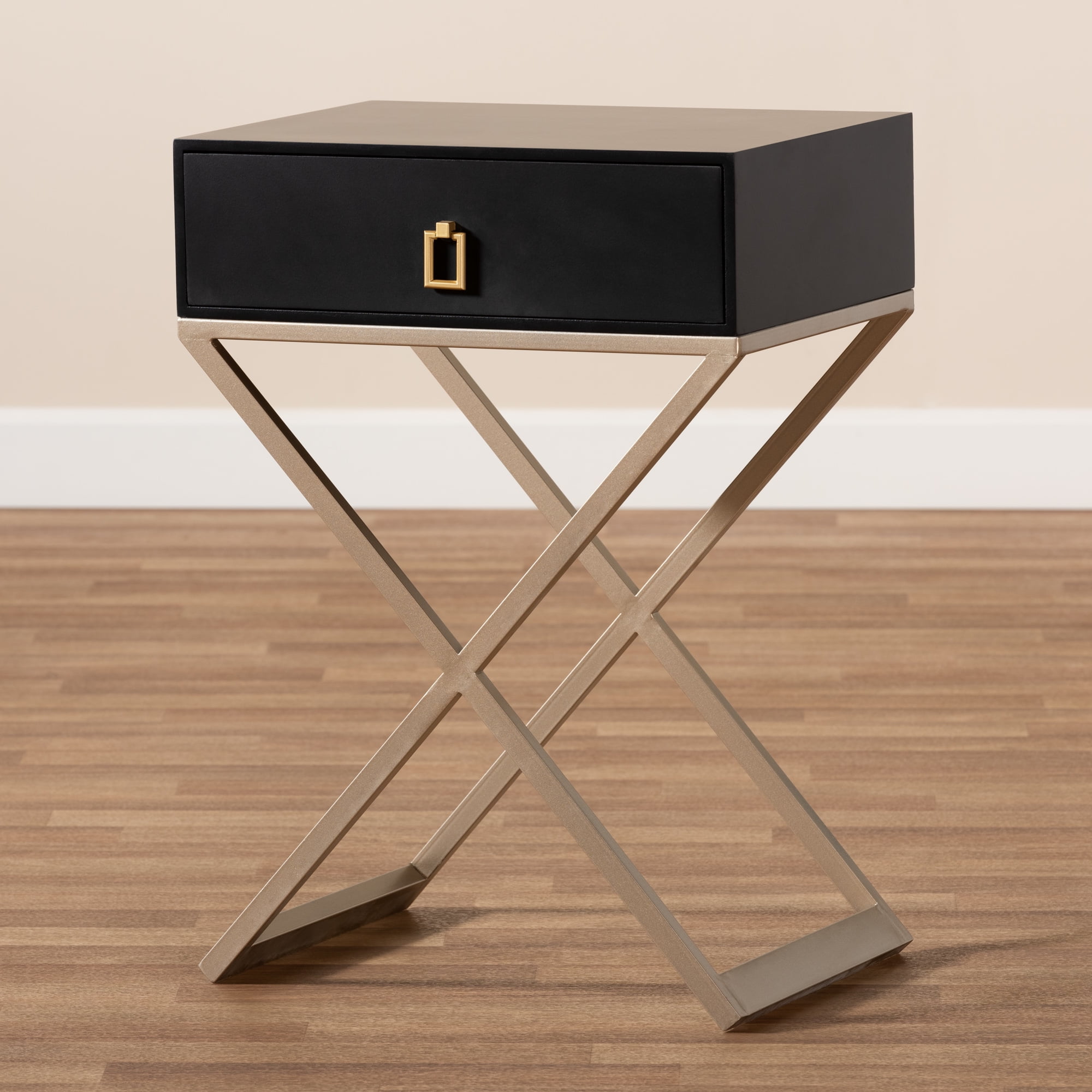 Baxton Studio Patricia Modern and Contemporary Black Finished Wood and Powder Coated Brass Effect Metal 1-Drawer End Table