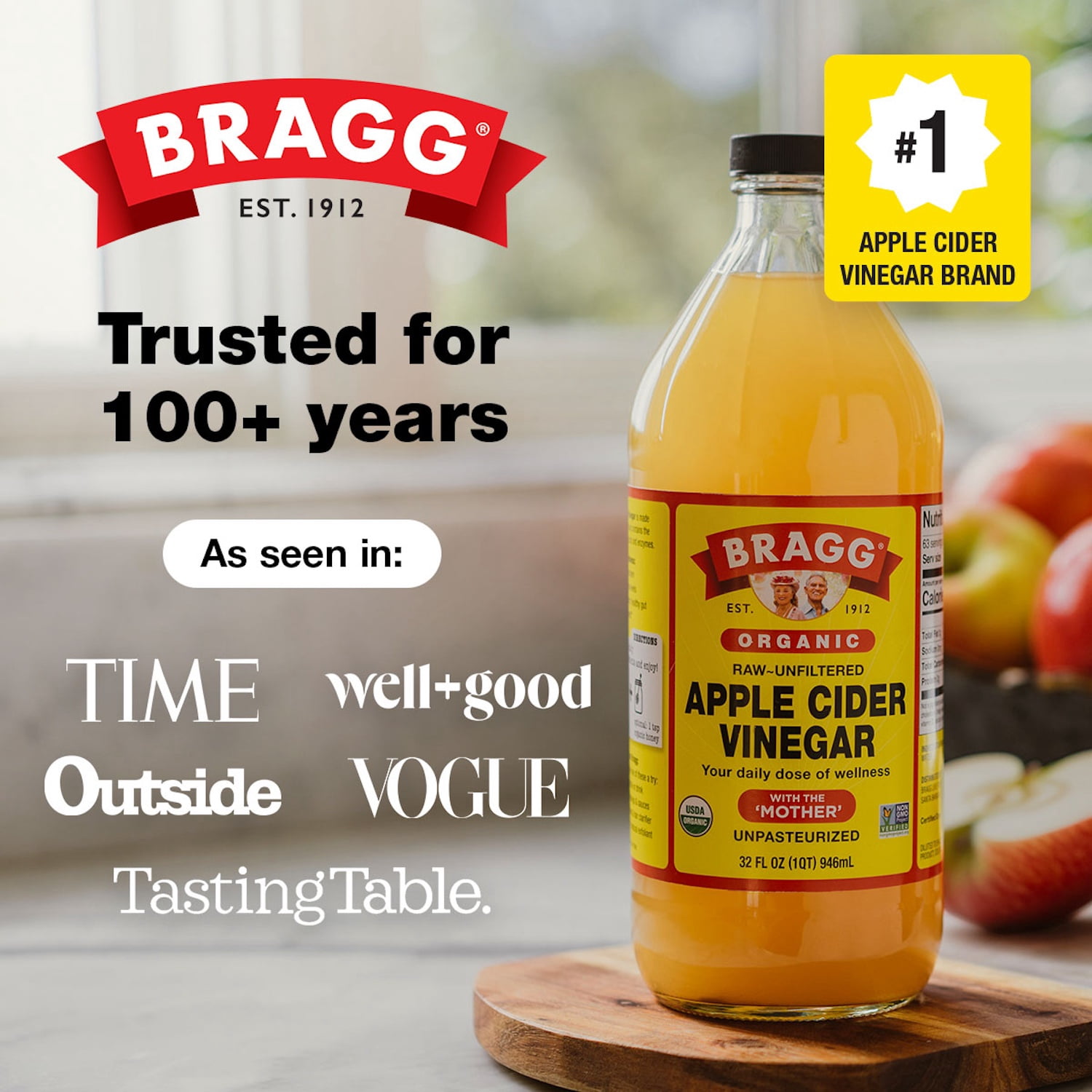Bragg Organic Apple Cider Vinegar with The Mother, Raw and Unfiltered, 32 fl oz