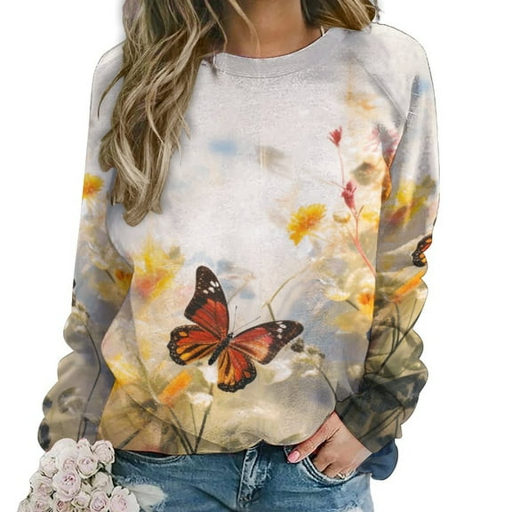 Watercolor Butterfly Womens Casual Crewneck Sweatshirt Long Sleeve Tops Cute Pullover Loose Fit