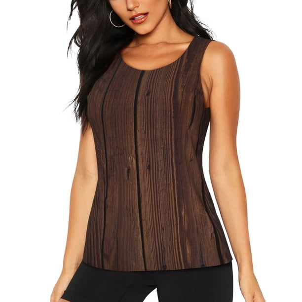 Fotbe Vintage Wood Blusas Sin Mangas para Mujer – Estilo Casual, Corte Suelto, Slim-Fit, Cuello Redondo Deportivo, Tops de Verano para Gimnasio y Yoga-Medium