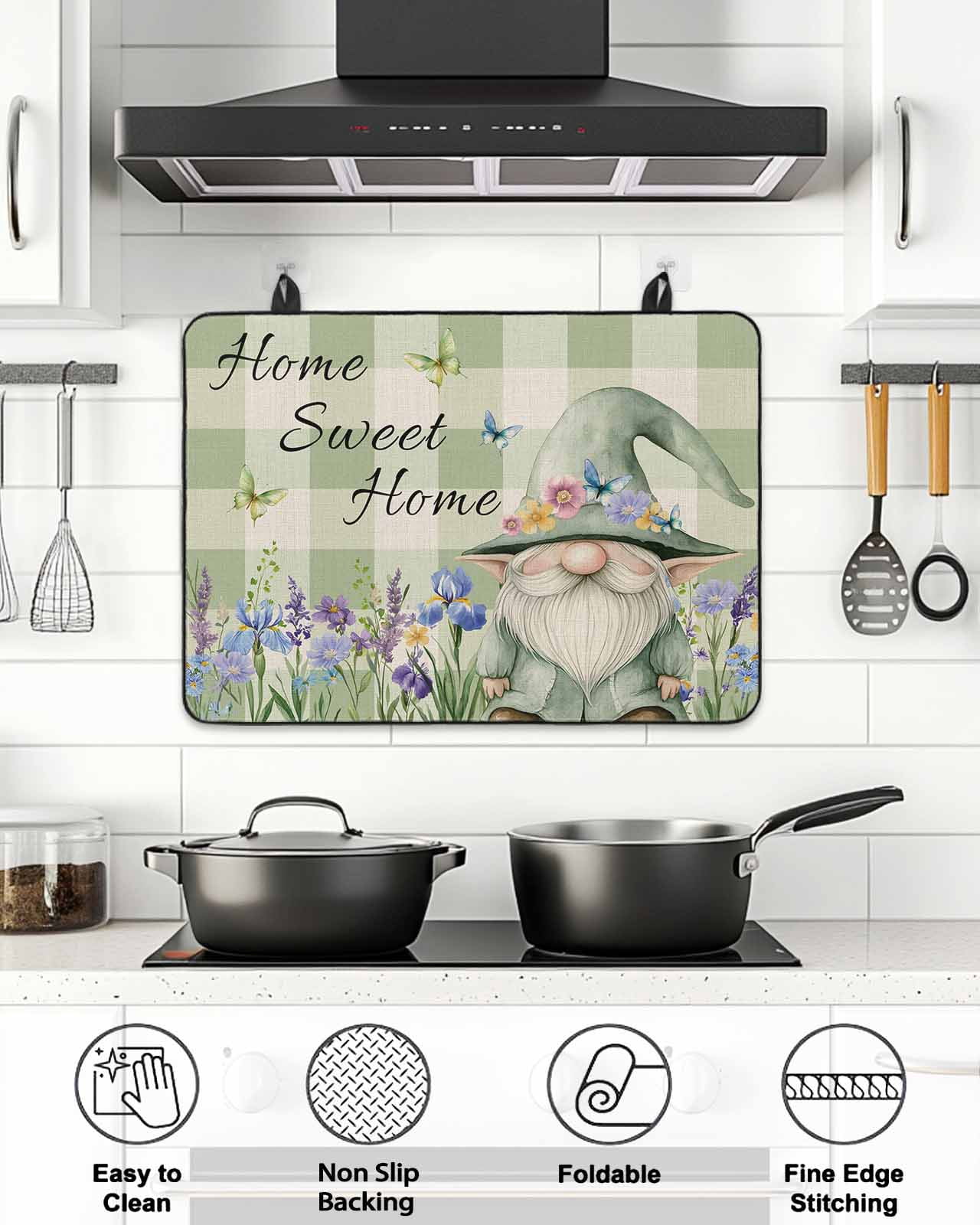 Stove Top Covers for Electric Stove 24x21 Inches, Rustic Gnome Heat Insulation Fireproof Glass Cooktop Protector, Spring Flowers Butterfly Green Check Countertop Stovetop Cover for Kitchen