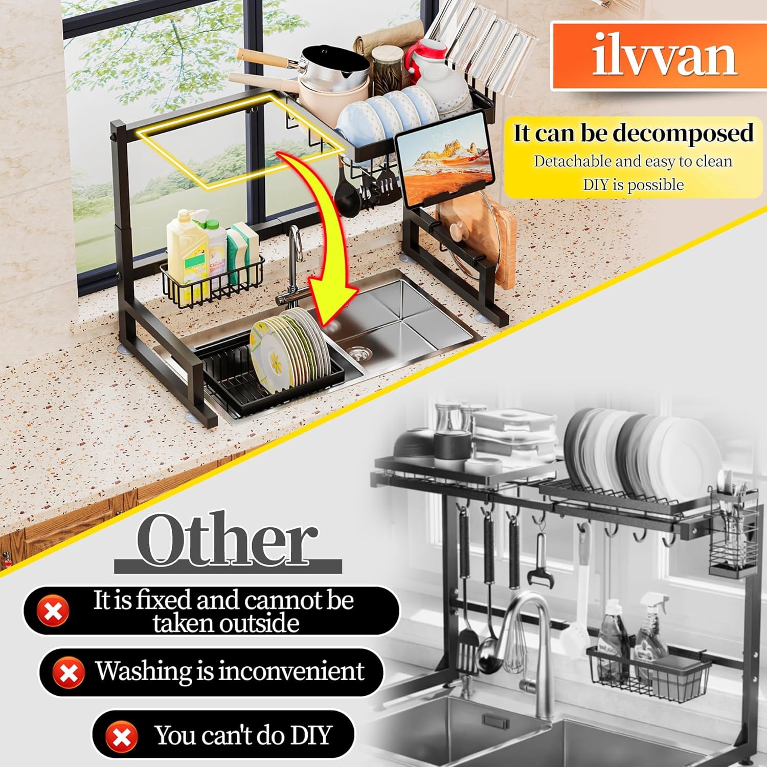 Adjustable Over Sink Dish Drying Rack with Snap-On Design - Expandable Length & Height