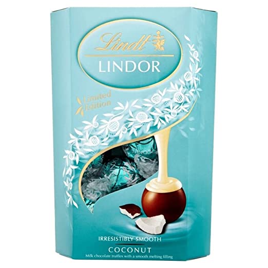 Lindt Lindor Coconut Truffles 200g - Free Shipping - British Version NOT American Variety - Imported by Sentogo - Milk chocolate shell with a smooth melting coconut filling