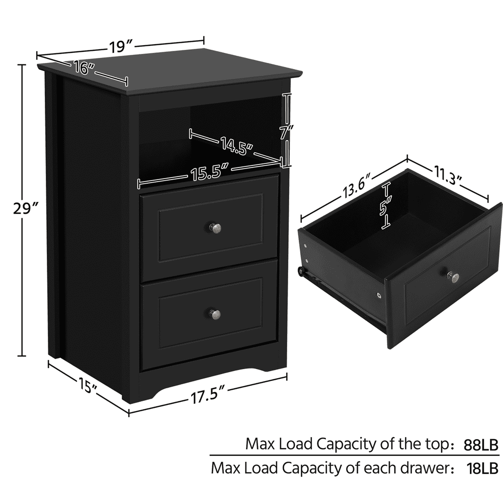 Renwick Wooden Nightstand with Storage Drawers and Open Shelf, Black