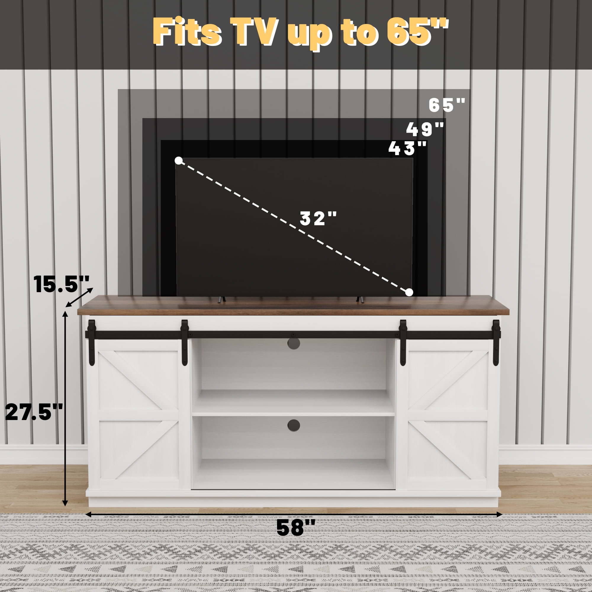 Vineego 58 inch Farmhouse TV Stand and Entertainment Center for Televisions,with Sliding Barn Doors and Storage Cabinets,Milk White