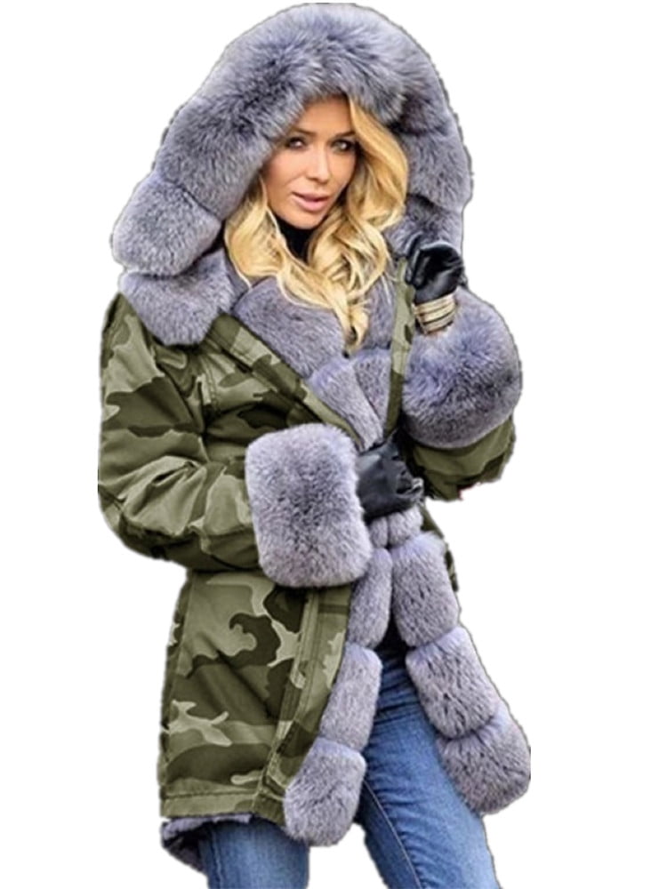 Ladies Warm Faux Furry Jacket Winter Outerwear Parka Overcoat Visky Leopard Print Coat For Women