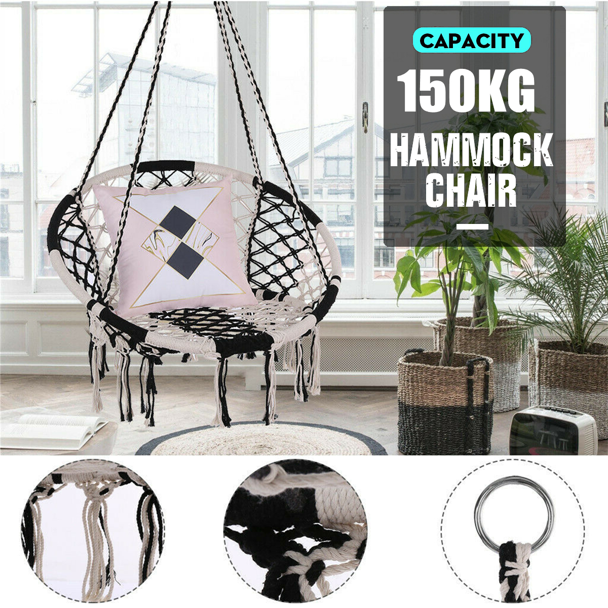 Hammock Chair Macrame Swing, Handmade Knitted Hanging Cotton Rope Chair