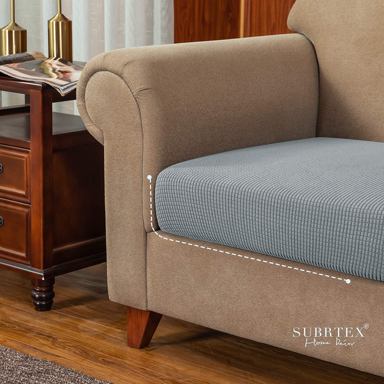 Subrtex Stretch Textured Grid Furniture Seat Cushion Slipcover (Armchair, Light Gray)