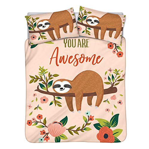 INSTANTARTS You are Awesome Sloth 3 Piece Bedding Sets Cute Baby Duvet Cover with 2 Pillowcase for Home Bedroom Decoration Twin, Beige 