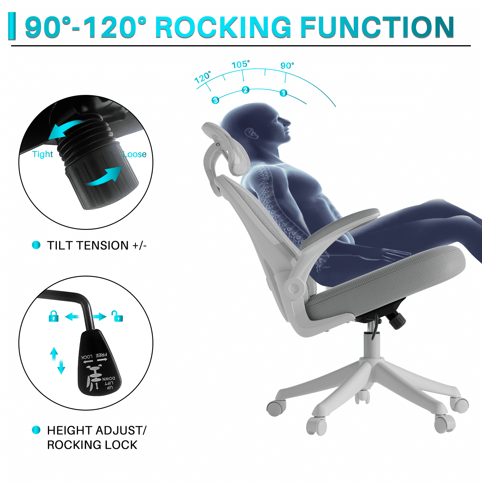 Ninecer Ergonomic Office Chair, Computer Desk Chair with Wheels, High Back Mesh Office Chair with Adjustable Lumbar Support, Headrest, Flip-Up Armrests, White Grey