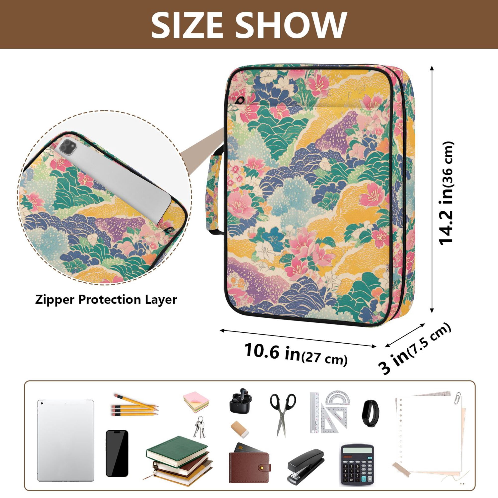 FORMRS Accordion File Folder A4 Size 7-Pocket Expanding Document Organizer Bag with 3 Ring Binder, Yellow Floral Wave