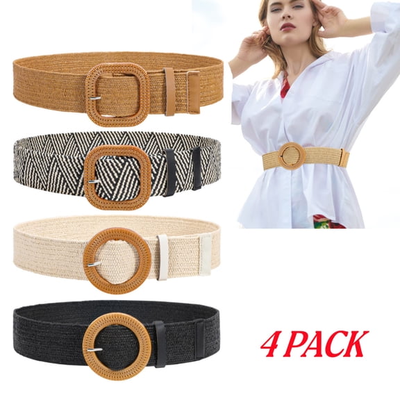 4 Pack Straw Woven Belt for Women Elastic Stretch Wide Waist Belt Women Skinny Dress Belt Belts for Women Dresses