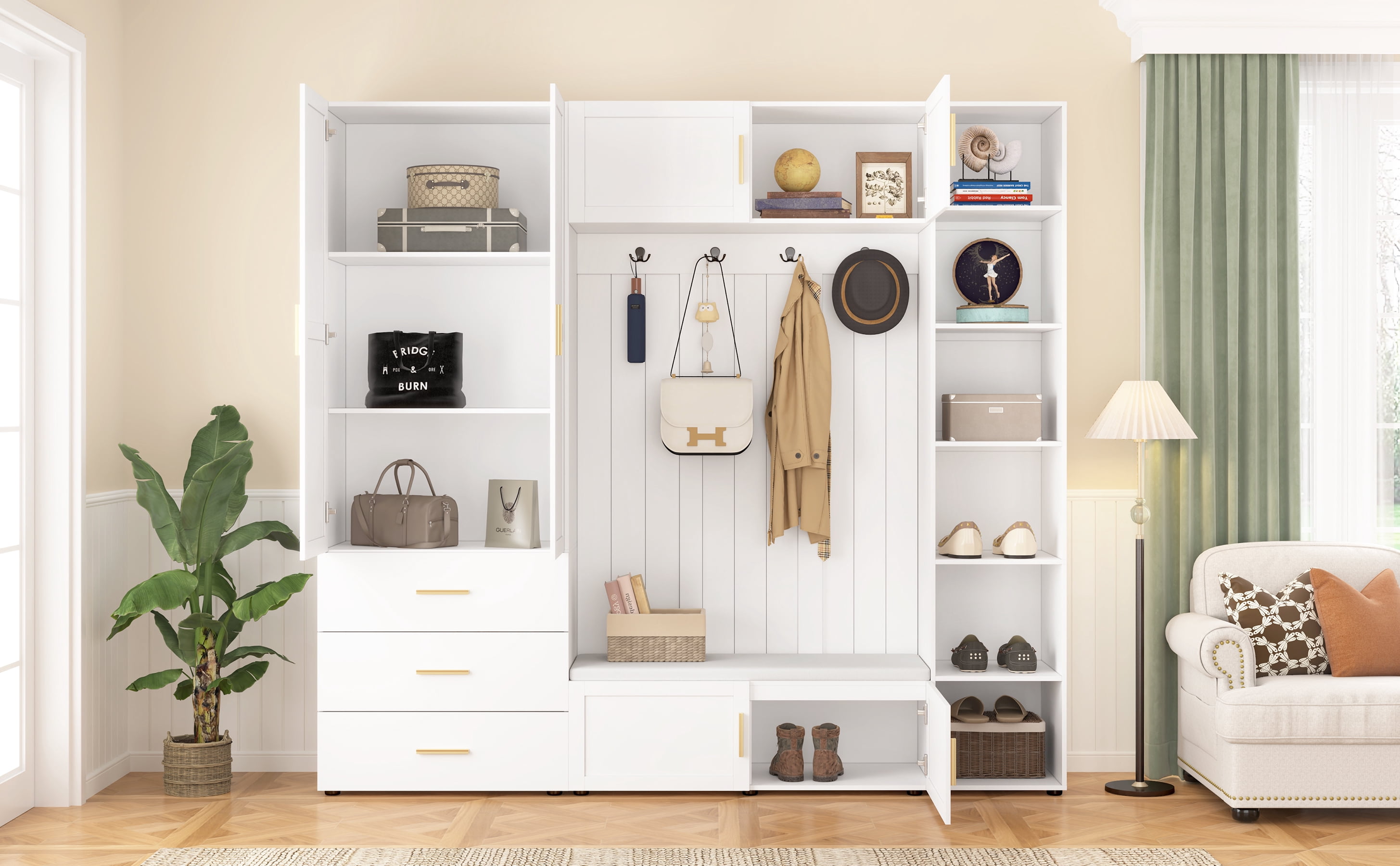 Mintazer 4‑in‑1 Hall Tree with Cushioned Shoe Bench & Hooks, Entryway Storage Organizer with Cabinets & Drawers, Adjustable Shelves for Mudroom Hallway, White
