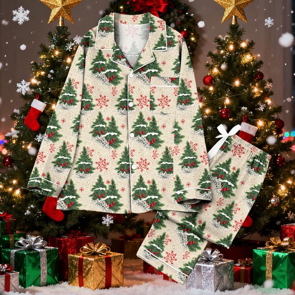 DailyTrove Womens Winter White Christmas Tree Pajama Set - Long Sleeve Loose Fit, Holiday Loungewear,Green,L