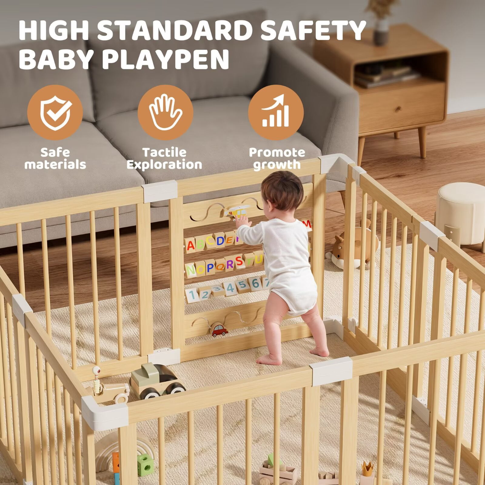 Babyeap Wooden Baby Playpen,Foldable Play Yards for Babies and Toddlers,Large Wood Play Gate with Built-in Toys,Baby Fence Activity Center 71x47x23.6 Inch