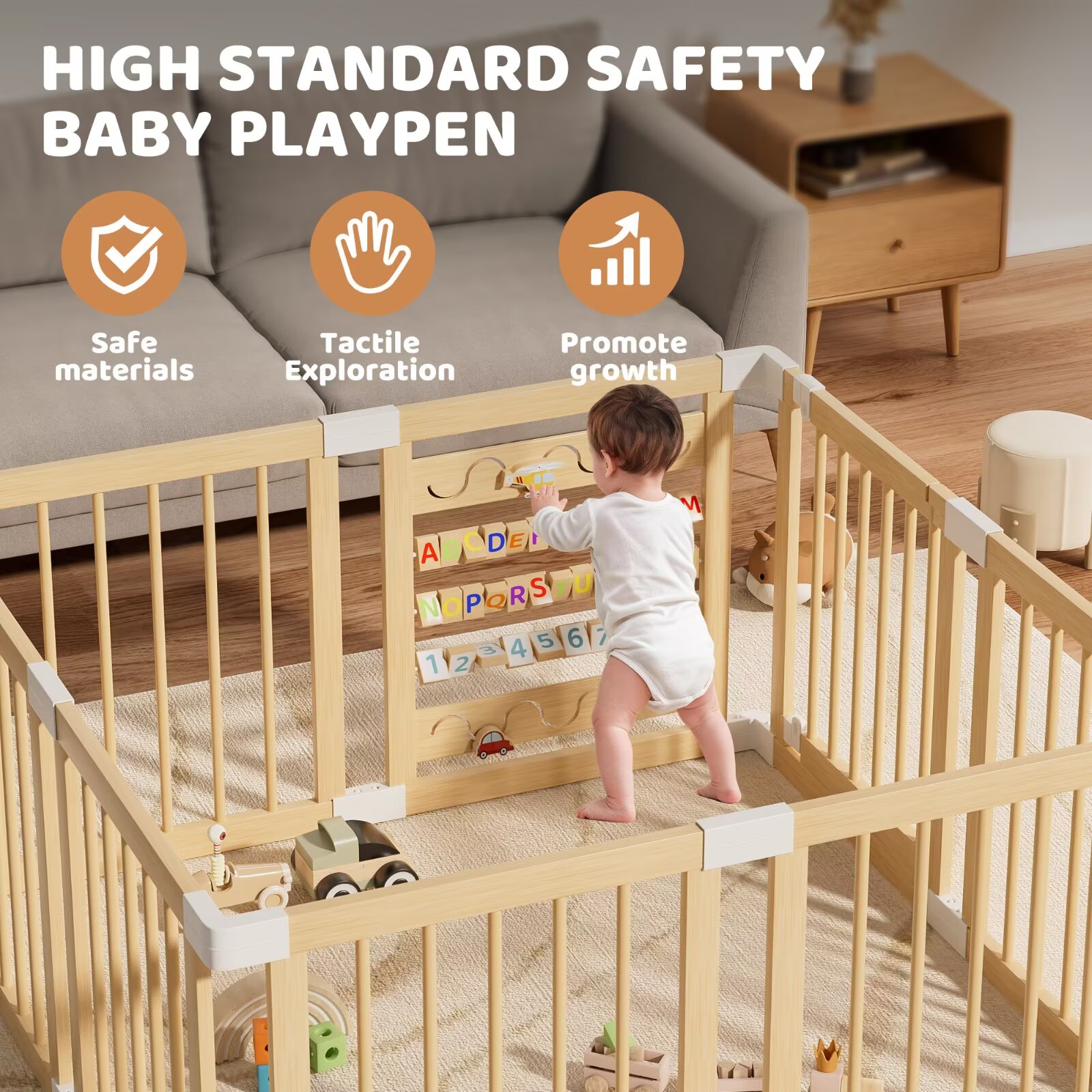 Babyeap Wooden Baby Playpen with Built-in Activity Panel photo 4