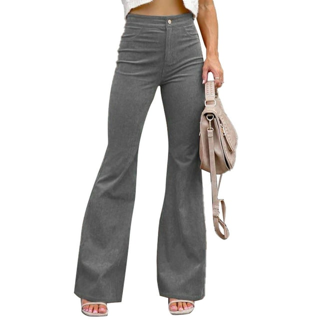 Pantalones acampanados con parte inferior acampanada para mujer Otoño Invierno Color puro Slim Fit pana Casual pantalones de cintura alta gris XL