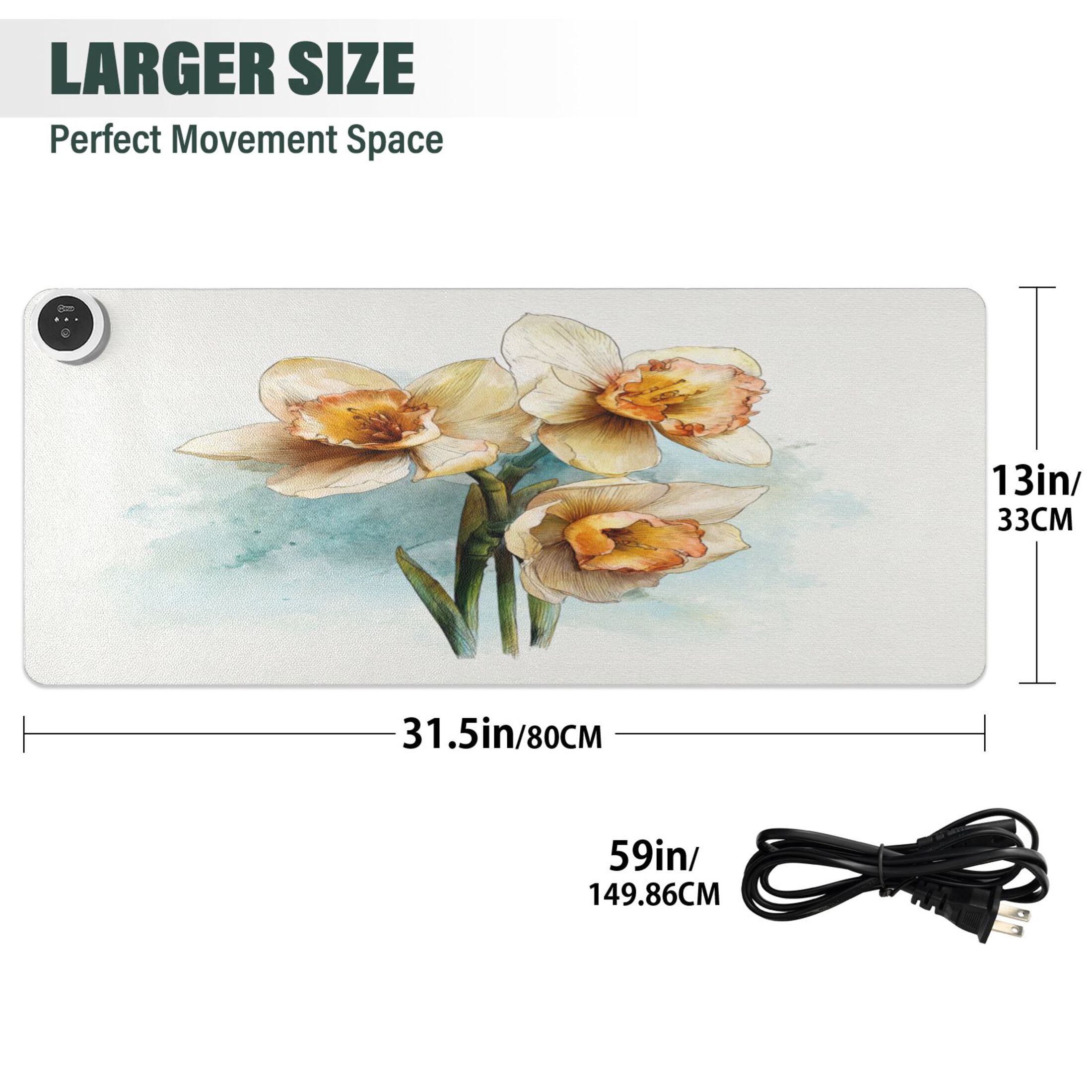 Large Heated Desk Mat Mouse Pad 31.5"x13"PU Leather Graphene Heating Desk Warmer with 3 Temperature Settings 110V US Plug Non-Slip Warm Pad for Home, Office, and Gaming Soft Bloom Trio Pattern