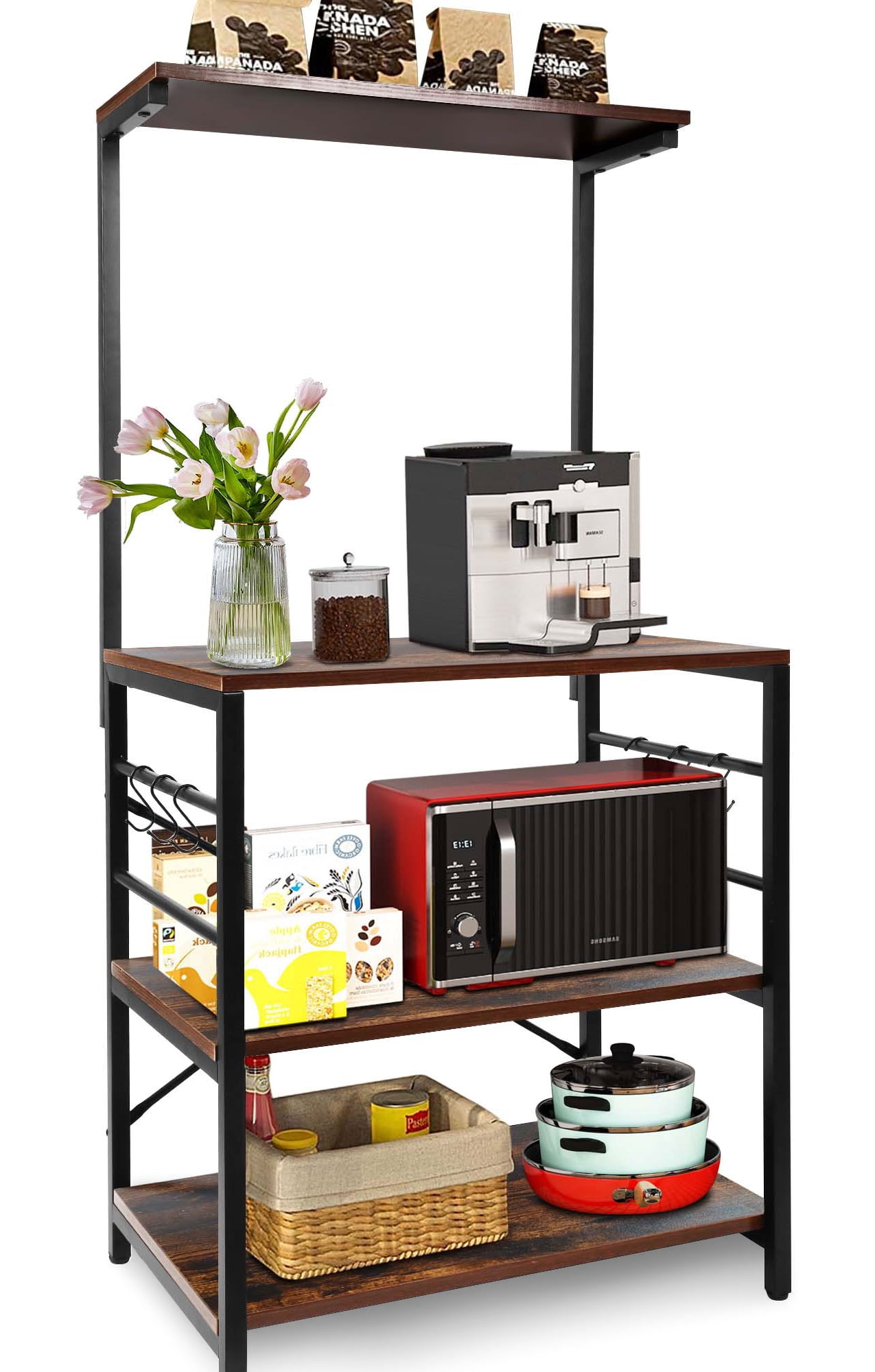 Copedvic Kitchen Bakers Rack Storage Cabinets Microwave Cart Oven Stand Coffee Bar with 6 Hooks 4 Tier Shelves