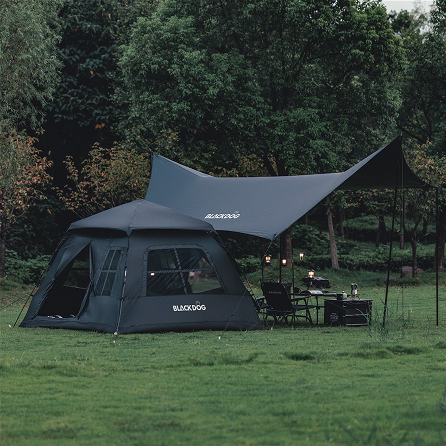 BLACKDOG, Family Camping Tent, Automatic Quick-opening Black Vinyl Coating Tent for 4 people, Easy setup Camping Tent with Two Doors and Four Vent Windows, Waterproof and Sun Protection
