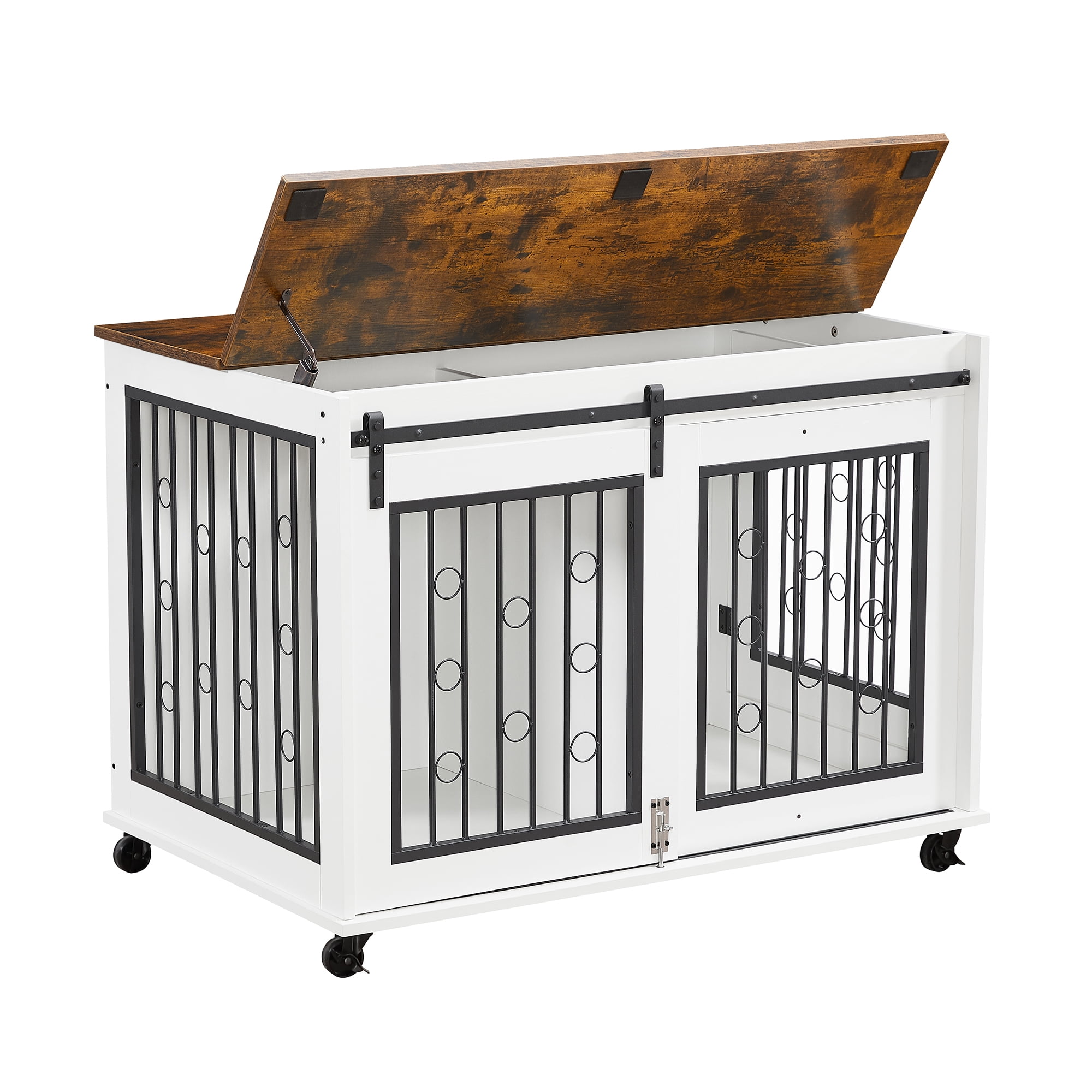 Pefilos 39" Sliding Door Dog Crate with Partition for Two Puppies, Furniture Style Dog Cage with Wheels, Brown Countertop Dog House Kennel for Indoor Dogs, White Pefilos 39" Sliding Door Dog Crate with Partition for Two Puppies, Furniture Style Dog Cage with Wheels, Brown Countertop Dog House Kennel for Indoor Dogs, White