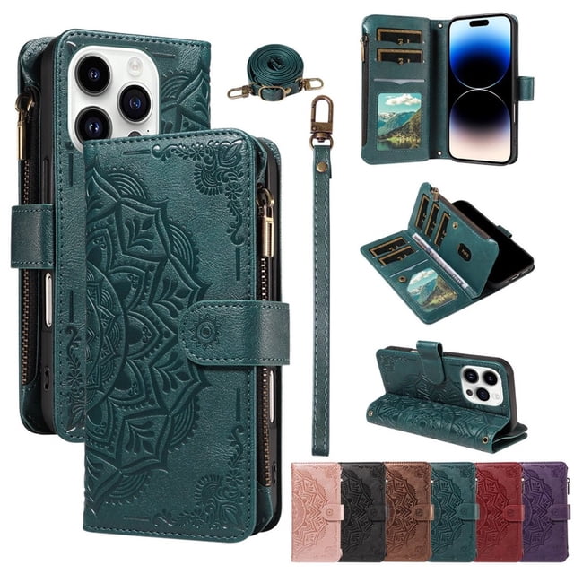 For iPhone 14 Pro Max Wallet Case, 9 Card Slots RFID Blocking Crossbody Leather Cover, Zipper Pocket, Detachable Wrist & Shoulder Strap, Magnetic Shockproof Protective Phone Case for Women,Green