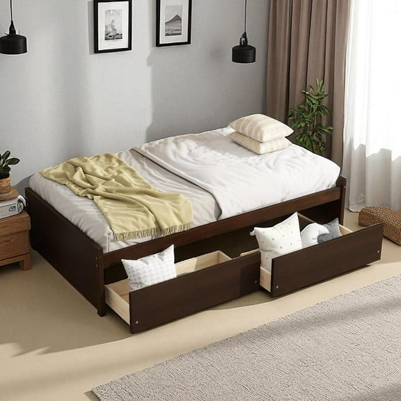 GZXS Twin Size Wooden Platform Bed Frame with 2 Storage Drawers, Space-Saving Design, No Headboard & Footboard, Espresso