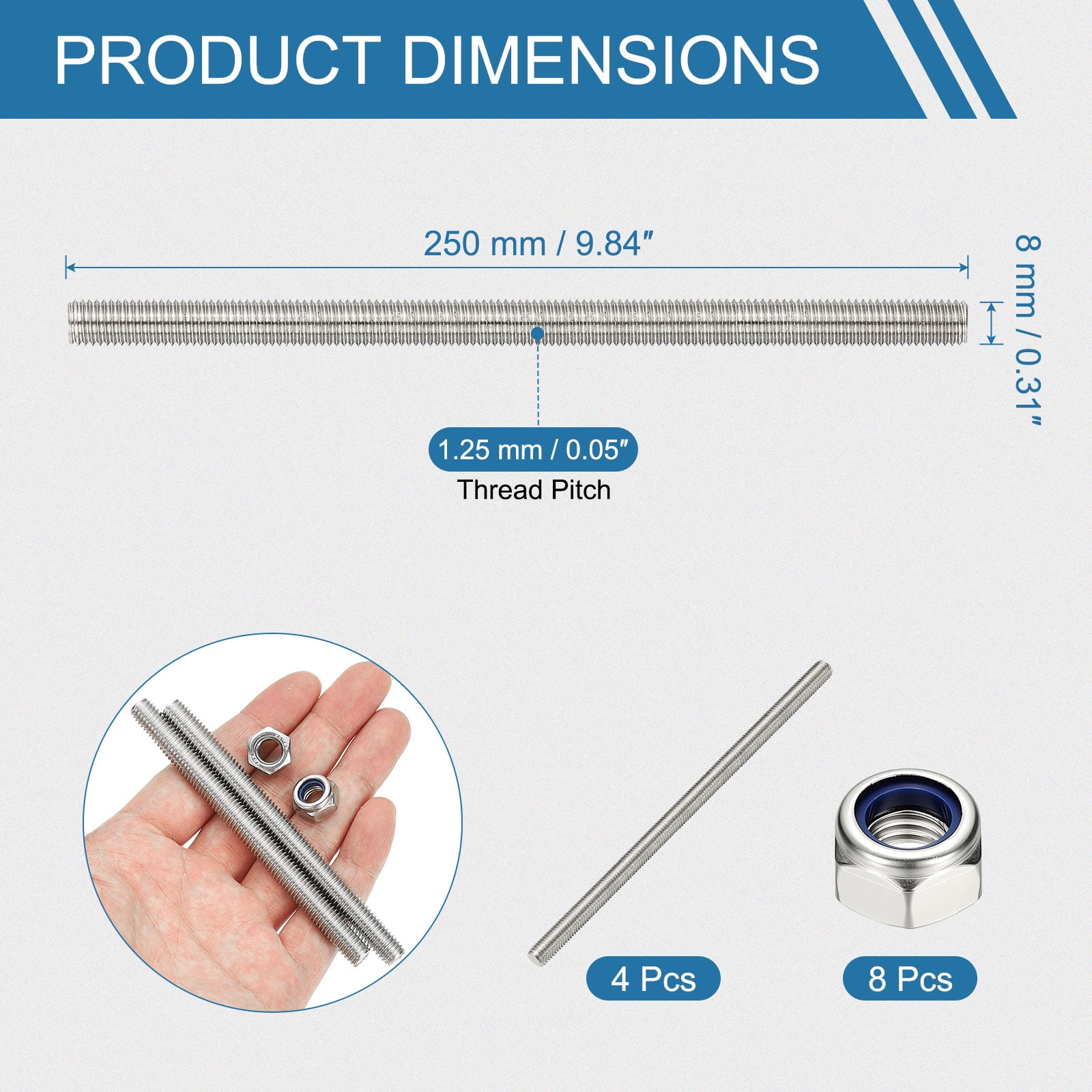 Uxcell Fully Threaded Rod, M8 x 250mm 304 Stainless Steel Right Hand Thread Bar Studs with Nuts, 4 Pcs