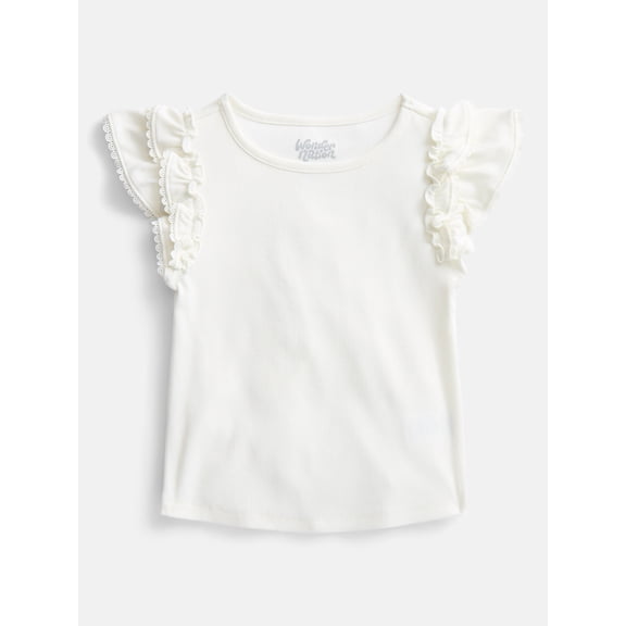 Wonder Nation Girls' Ribbed Top with Short Ruffle Sleeves, Sizes 4-18 & Plus