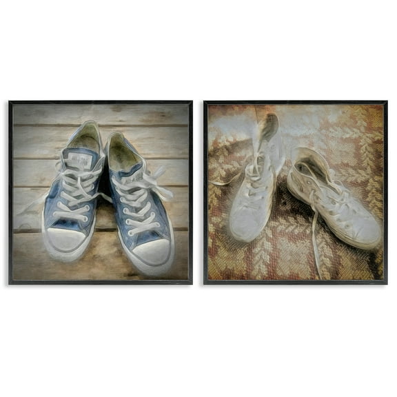 Stupell Industries Vintage Sneakers View Fashion Painting Black Framed Art Print Wall Art, 12 x 12, Set of 2