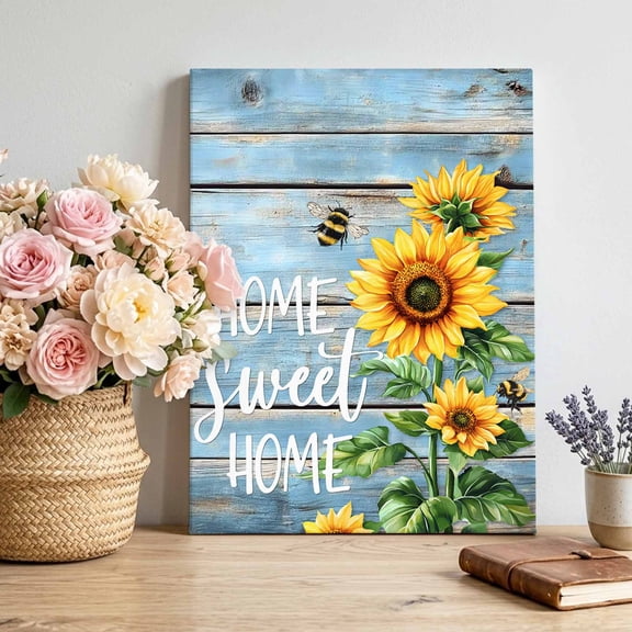 Canvas Wall Art Sweet Home Canvas Art Print Sunflower Vintage Rustic Lake Blue Stripe Wood Board Pictures Wall Decor for Living Room Bedroom Artwork Decorations Stretched Framed Ready to Hang 16"x20"