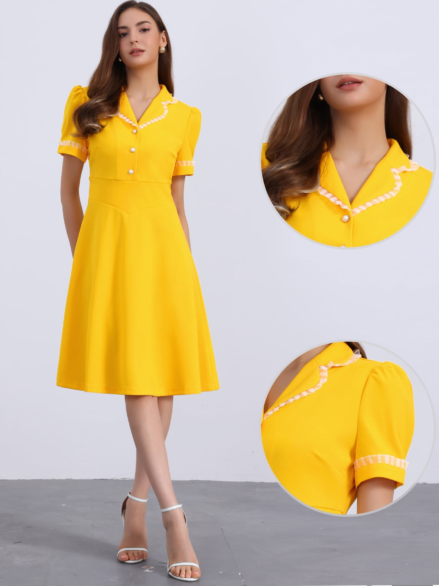 DARING DIVA Women's Vintage Puff Sleeve Peter Pan Collar Dress XL Yellow