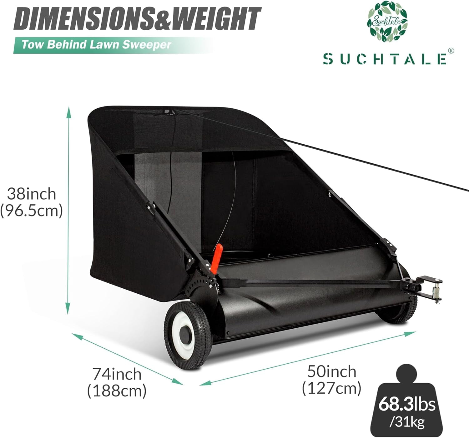 Suchtale 42-inch Tow Lawn Sweeper for Leaves & Grass Upgrade, 21cu. Ft. Leaf Collector with Large Capacity, Adjustable Sweeping Height for Yard, Lawn, Farm, Sidewalk,Yard Sweeper