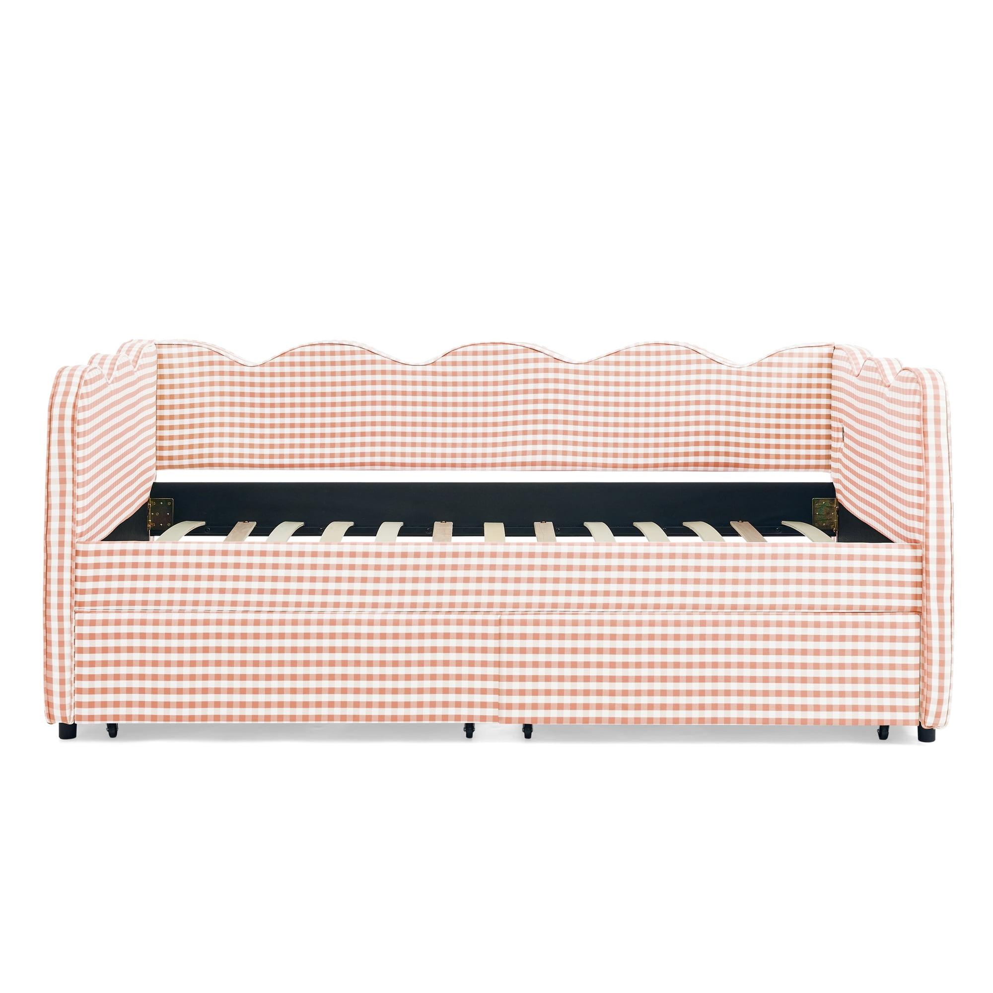 Twin Size Daybed with Storage Drawers and USB Port, Upholstered Linen Sofa Bed with Trundle Style Design, Kids Daybed Frame for Bedroom Living Room, Pink